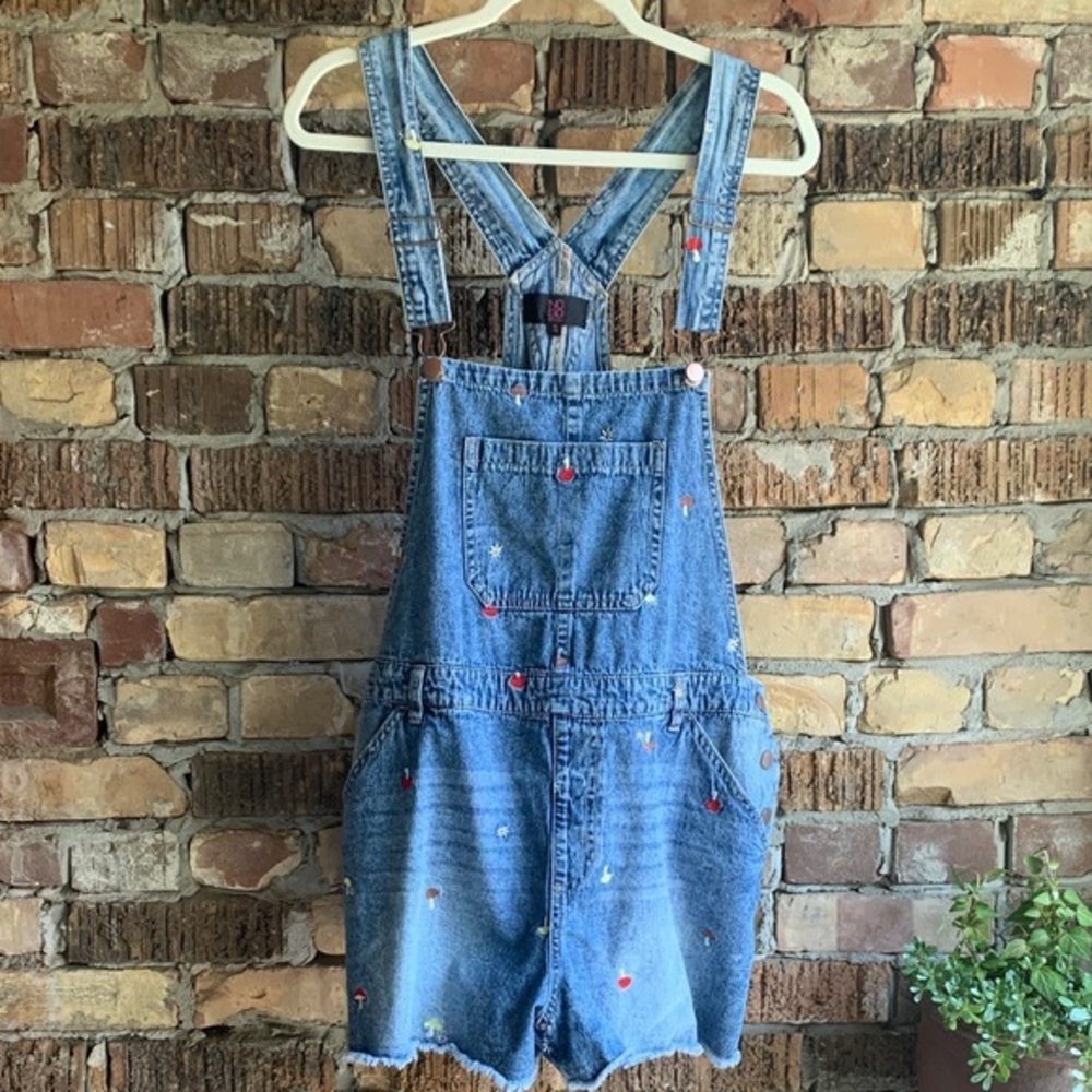 NOBO Blue Denim Short Overalls with Multicolor Embroidered Dots